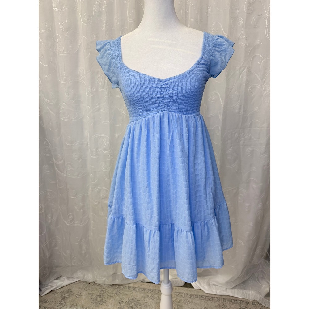 Thirty Thirty LA Blue Smocked Mini Dress Flutter Sleeve Babydoll XS
